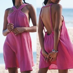 Anthropologie Pink Braided Halter Mini Dress Gauze Open Back Beach Cover-Up XS